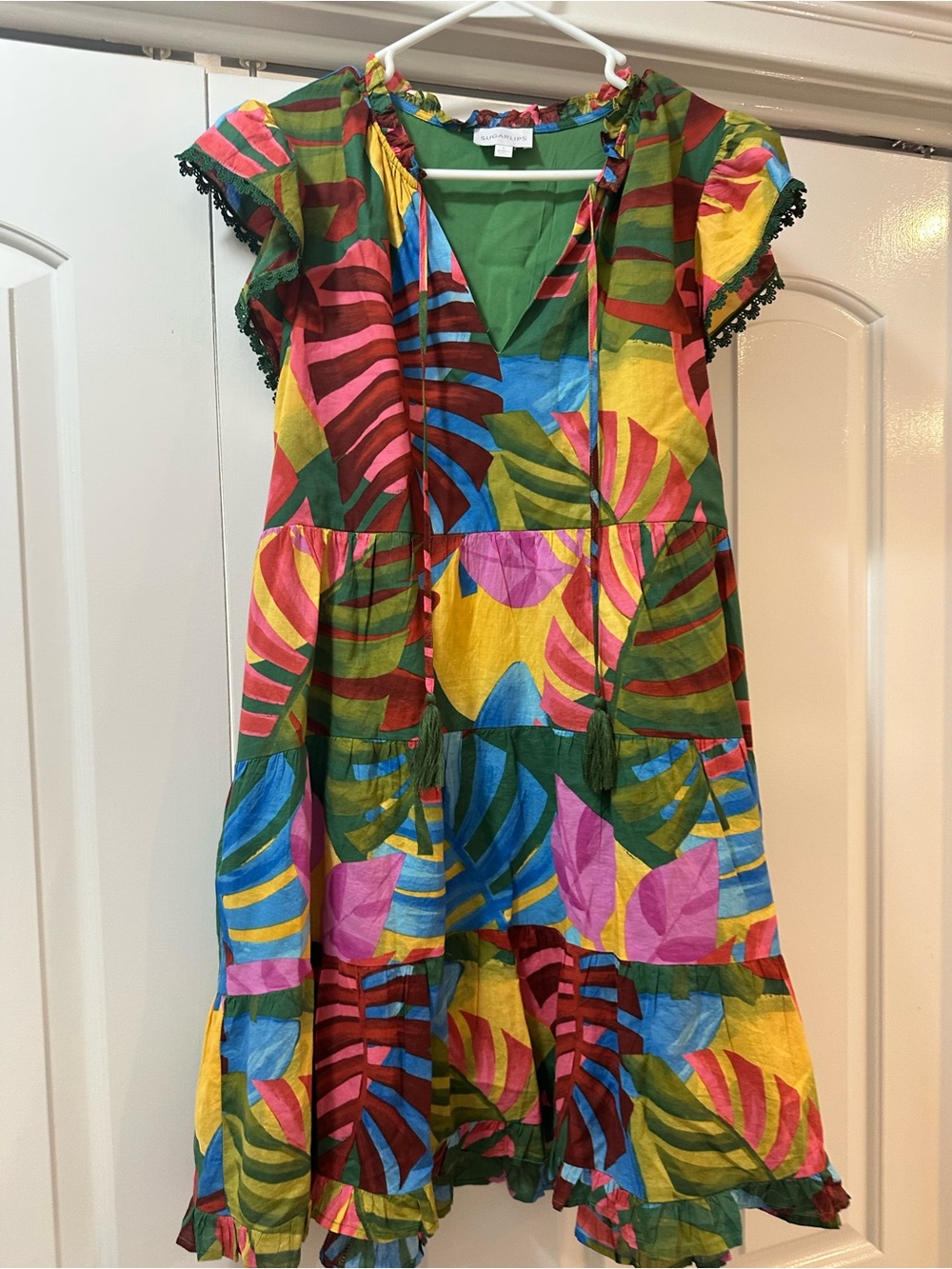 Sugarlips Bright Multicolor Tropical Leaf Tiered Dress